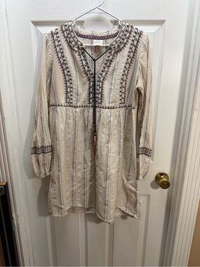 Knox Rose Cream Embroidered Boho Long Sleeve Tunic Dress